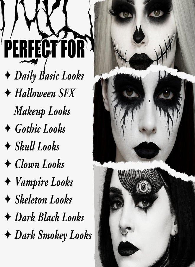 UCANBE Black Halloween Makeup Kit – Skeleton Skull Vampire Gothic Makeup Set for SFX Cosplay Costume -Eyeshadow, White Foundation, Black Lipstick & Eyeliner, Self Adhensive Eyelashes, Brush & Sponges - Image 5